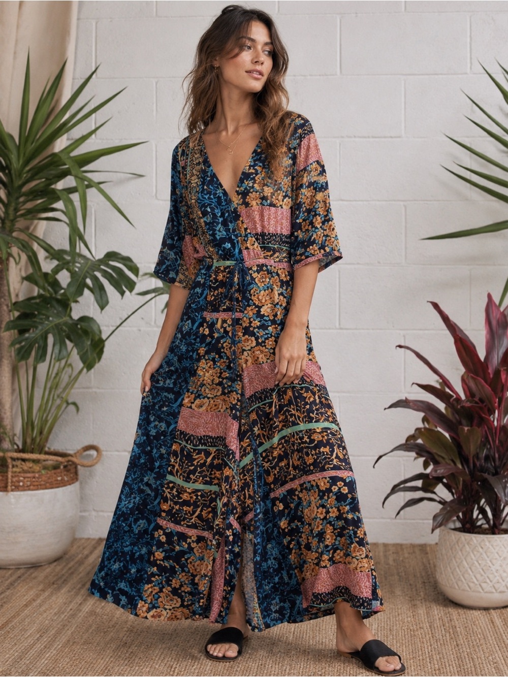 JAASE Floral patterned Long pant and 3/4 sleeve Jumpsuit with v neck and tassels